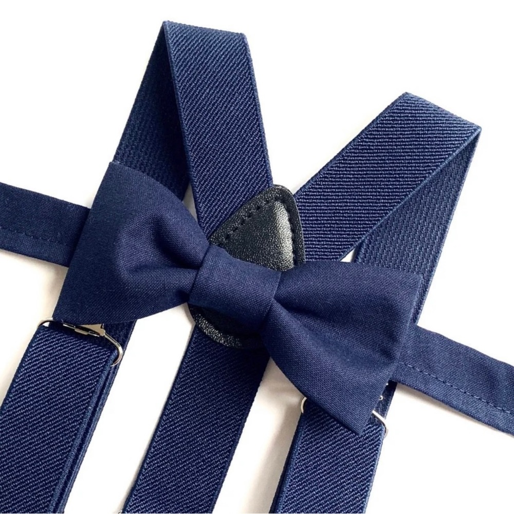Navy Blue Cotton Bow tie with Navy Blue Elastic Suspenders